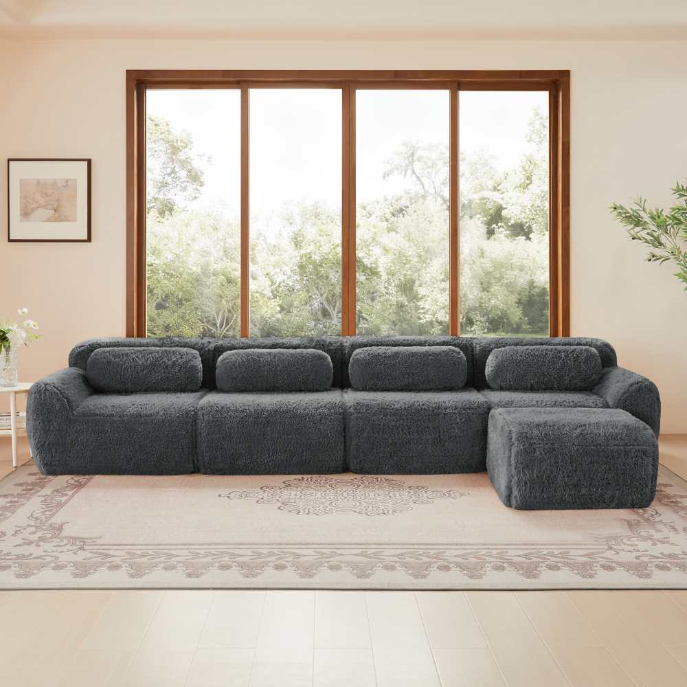 Modułowa 4-osobowa sofa narożna w pluszowej tkaninie, szezlong, poduszki w zestawie, ergonomiczny komfort i nowoczesny design