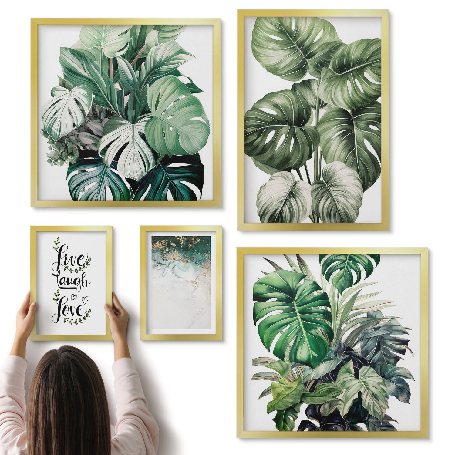 Galeria ścienna 5-częściowy komplet obrazów w złotych ramach - Roślinne motywy z inspirującymi cytatami i abstrakcją - ArtPrintCave