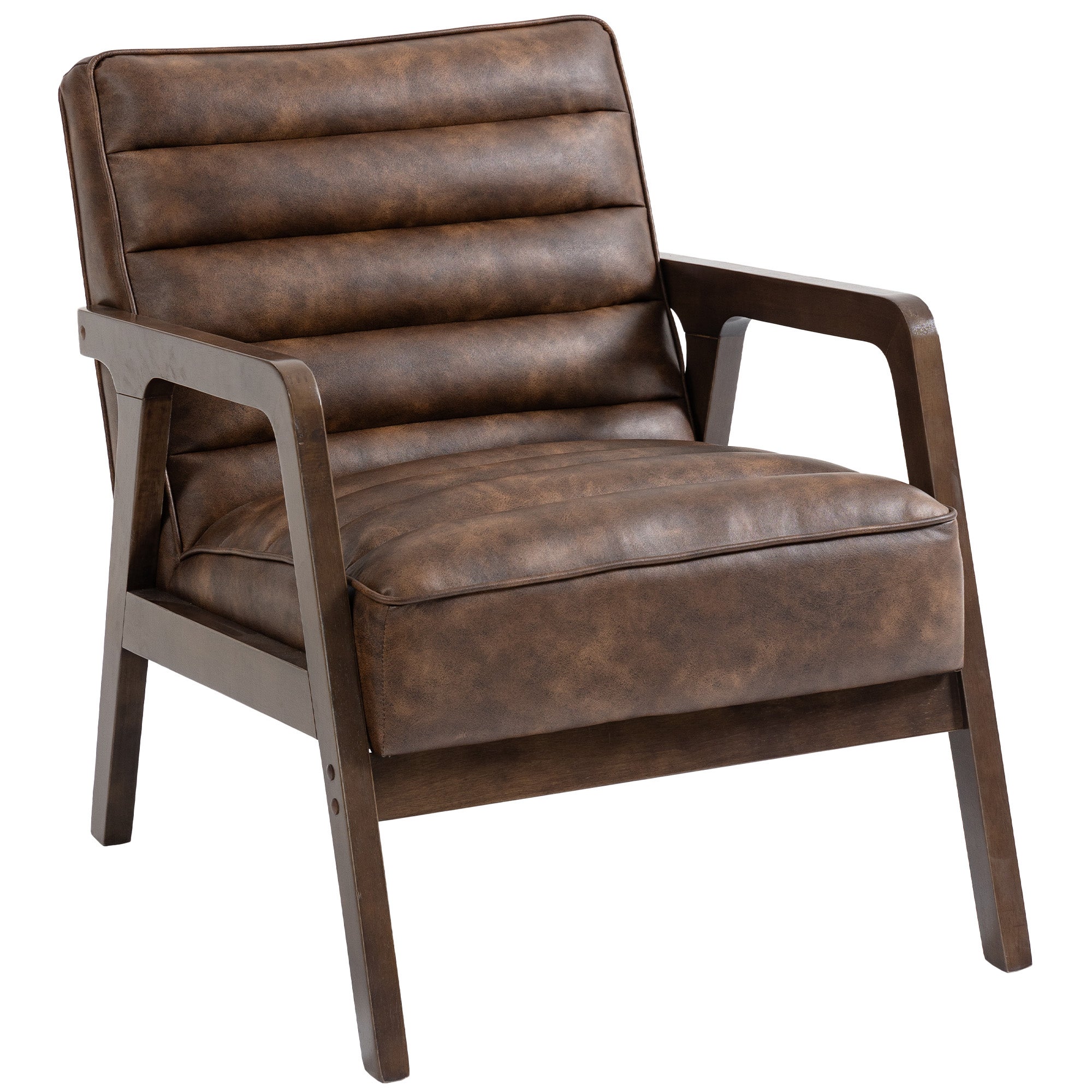 Fotel wypoczynkowy, fotel akcentowy tapicerowany PU z szerokim siedziskiem, grubą poduszką i solidną drewnianą ramą, brązowy