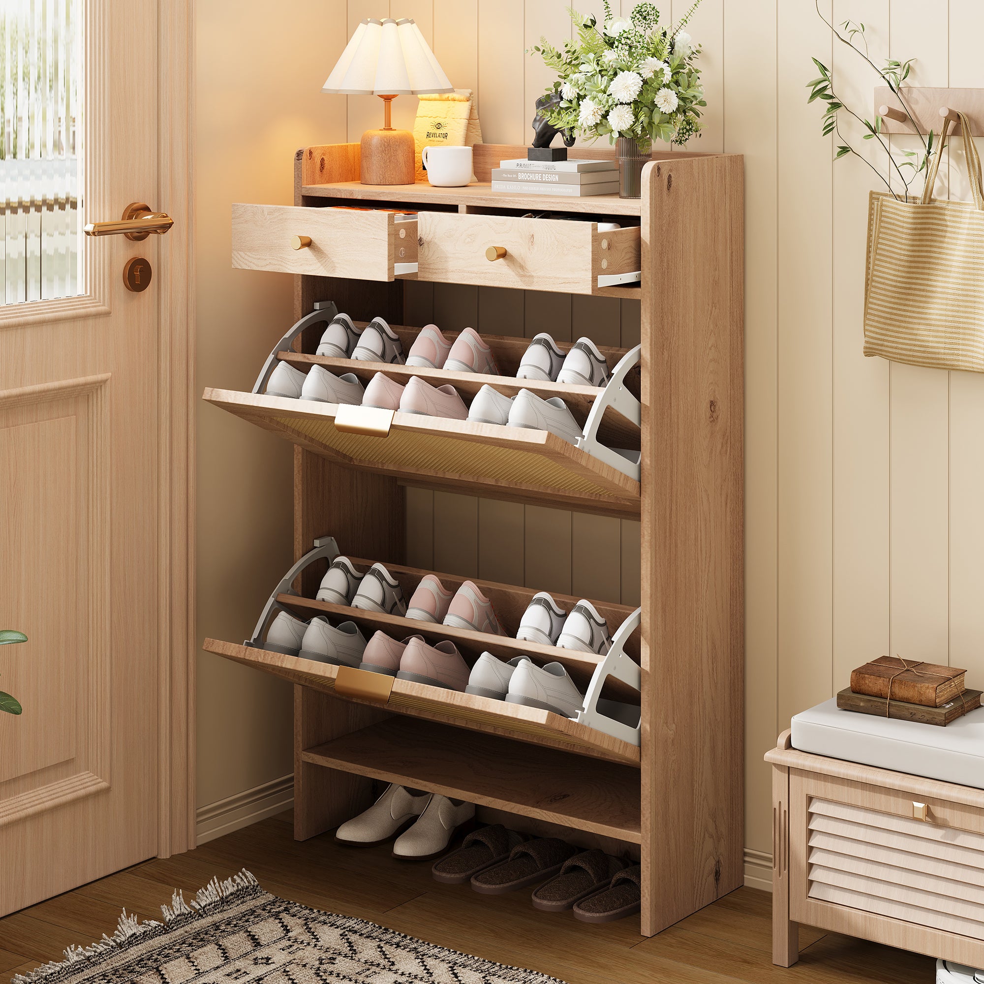 Nowoczesna szafka na buty 65x25x106 cm – z 2 szufladami i 2 uchylnymi drzwiczkami – otwarte półki – kolor naturalny
