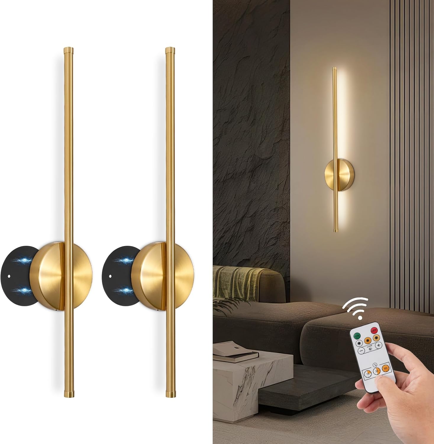 Bezprzewodowa metalowa lampa ścienna 5 W (zestaw 2 szt.), 60 cm, ładowana przez USB, (3 temperatury barwowe) [przycisk + pilot]
