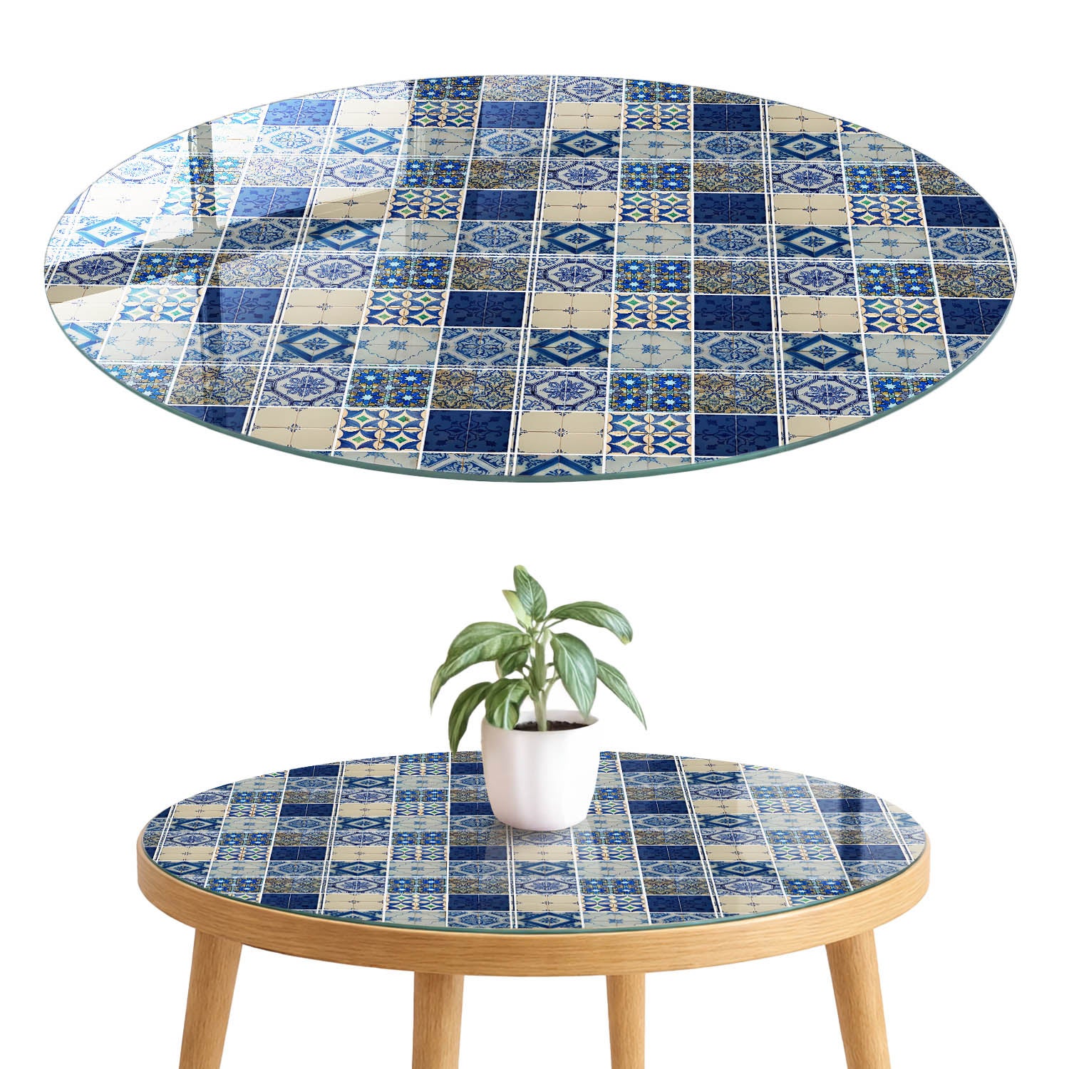 Szklany blat hartowany z wzorem 4 mm - elegancka dekoracja i maskowanie blatu fi70 cm Orientalna mozaika