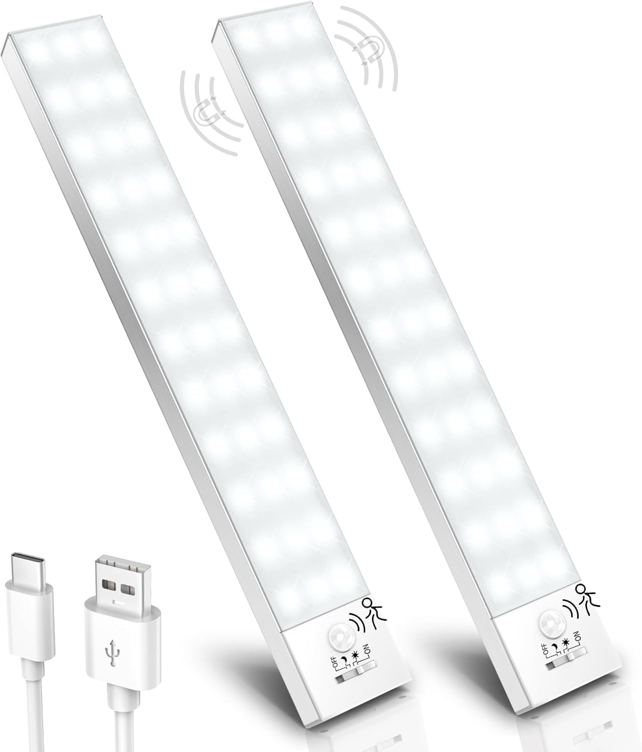 Zimne białe światło, 2 sztuki, oświetlenie szafy, 5000K LED, czujnik ruchu pod szafkami kuchennymi, 23 cm, 1000 mAh, 36 diod LED, bezprzewodowe, ładow