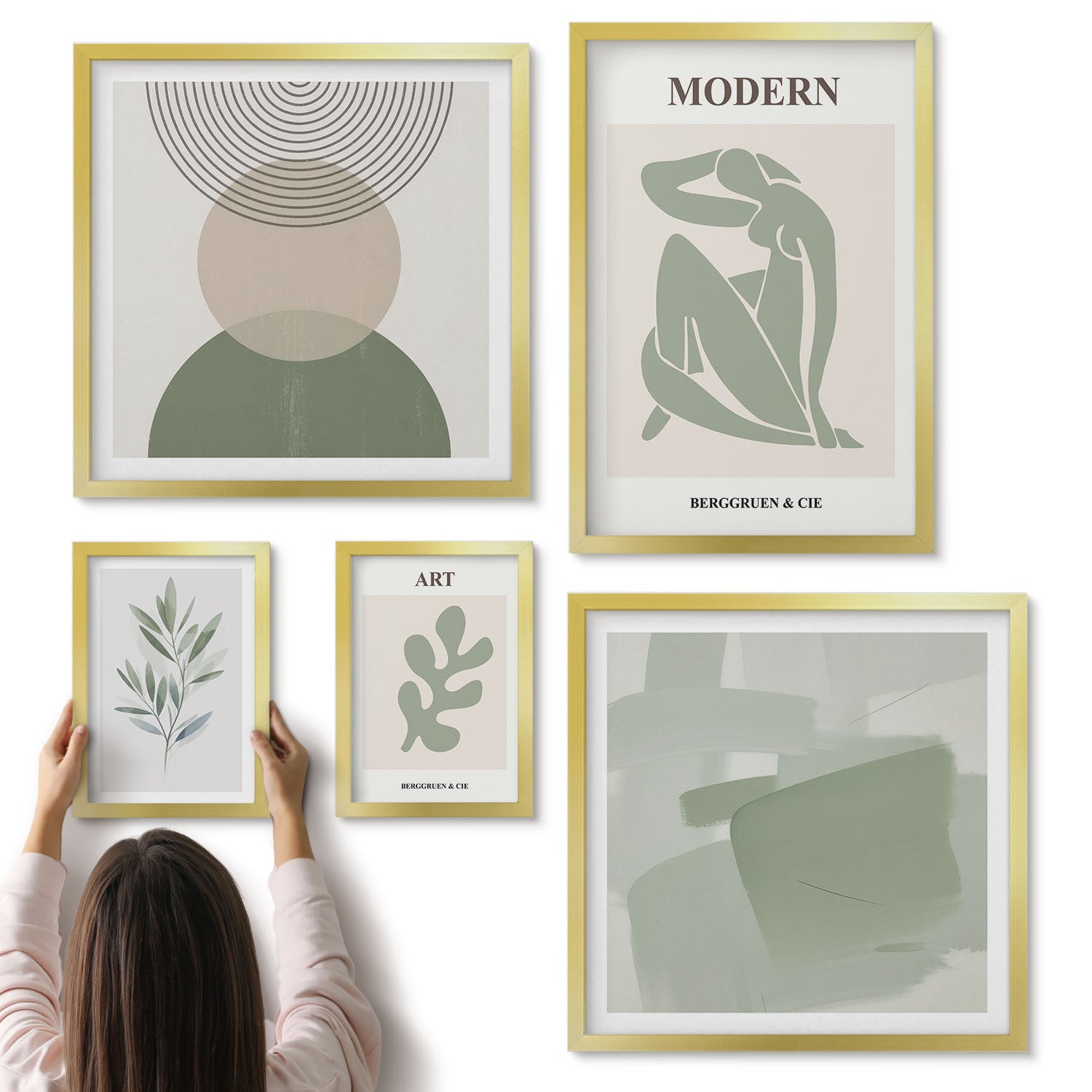 Galeria ścienna 5-częściowy komplet obrazów w złotych ramach - Styl nowoczesny z abstrakcyjnymi formami i roślinnymi motywami - ArtPrintCave