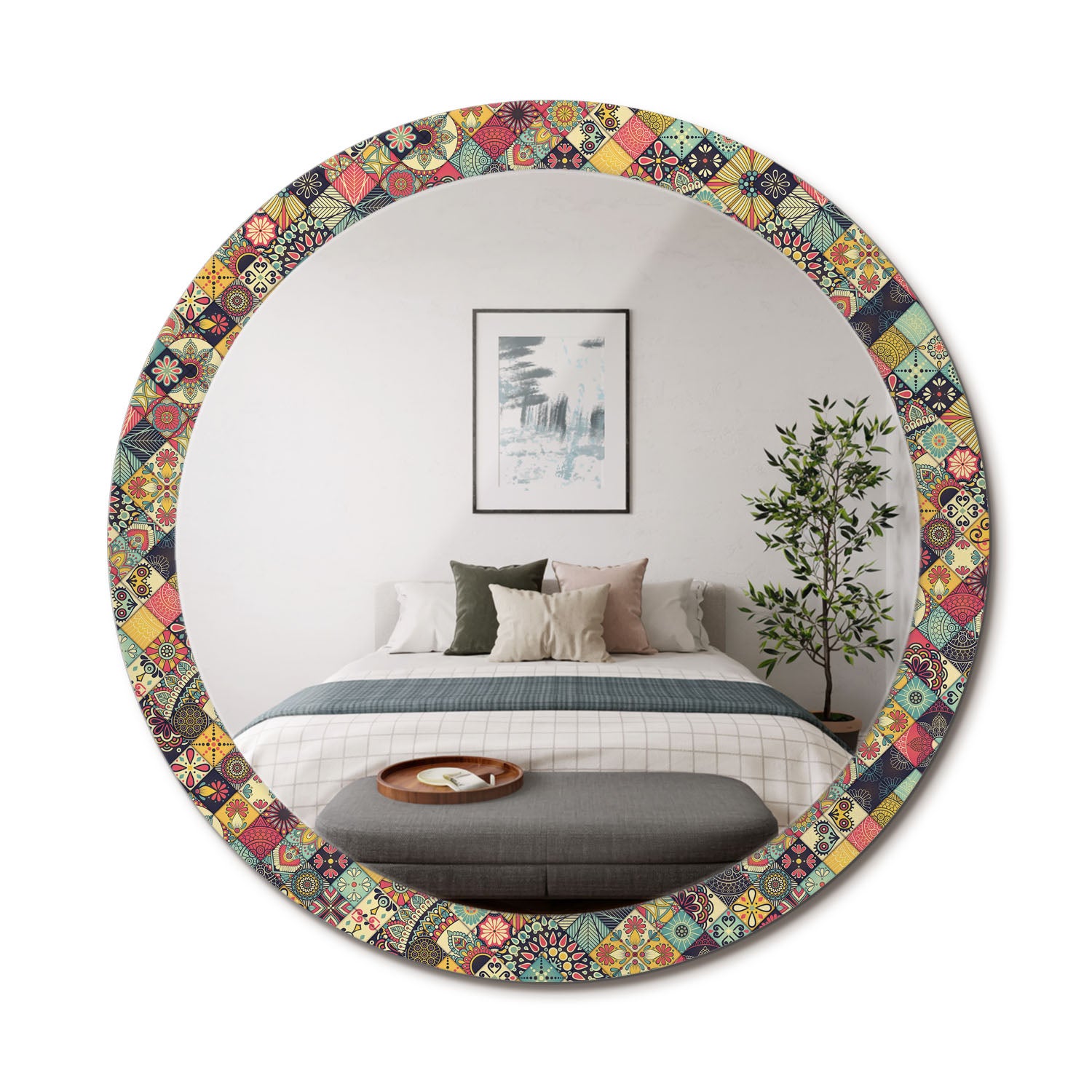 Okrągłe lustro dekoracyjne z hartowaną szklaną ramą i nowoczesnym nadrukiem Patchwork kafelki - 90 cm - ArtPrintCave