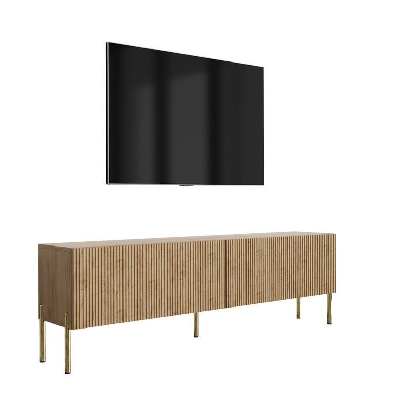 Szafka pod telewizor 170, fronty ryflowane, Dąb Craft, nóżki proste złote, 170 × 32 × 52 cm