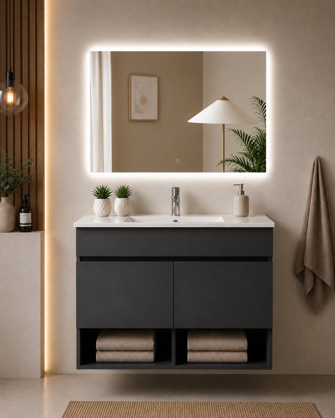Wisząca szafka łazienkowa z umywalką ORIGENBATH NEBARI z drzwiami 60x45 cm grafitowy