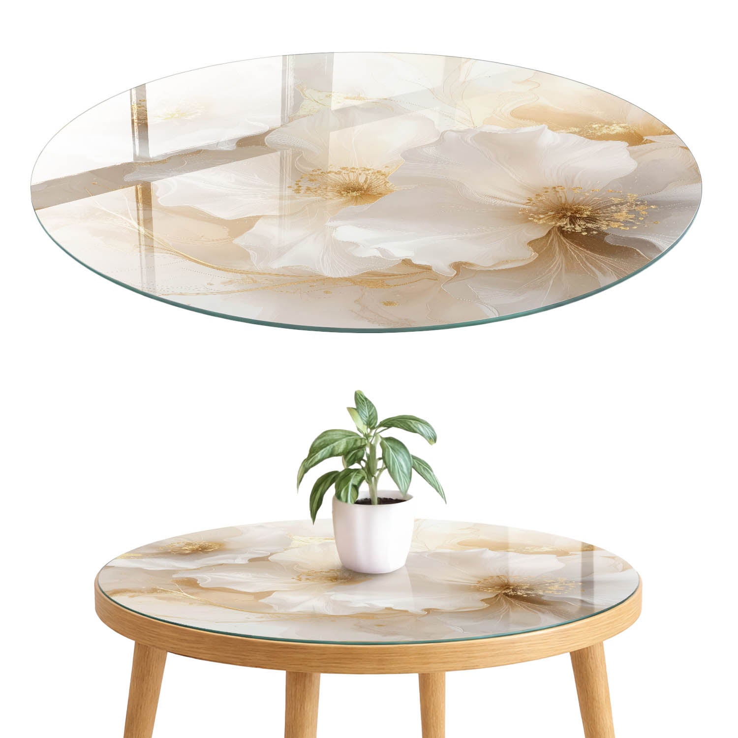 Blat szklany hartowany 4 mm z nadrukiem - dekoracja stołu, stolika i komody fi90 cm Eleganckie kwiaty