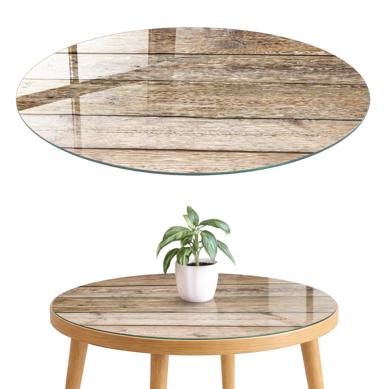 Szklany blat hartowany z wzorem 4 mm - elegancka dekoracja i maskowanie blatu fi70 cm Drewniana ściana
