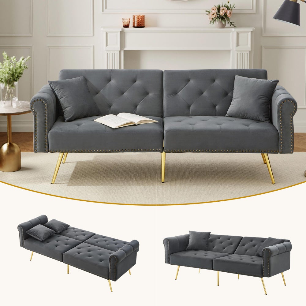 Nowoczesna sofa 2-osobowa z funkcją spania – aksamitna, oparcie regulowane w 3 pozycjach, złote metalowe nogi. Elegancka