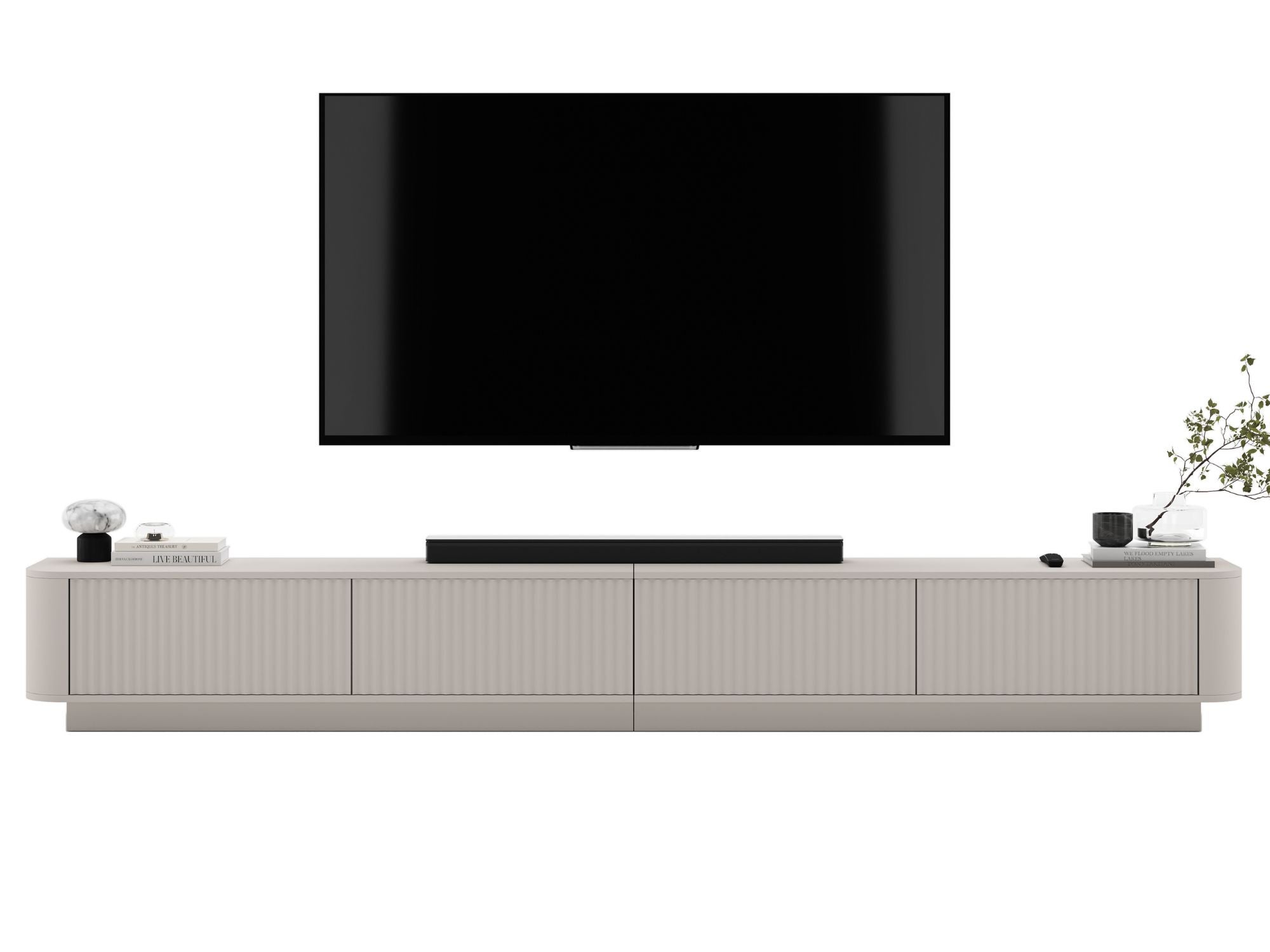 Uniwersalna szafka RTV Glamour 280 cm kaszmir mat, ryflowane fronty, mebel RTV do salonu