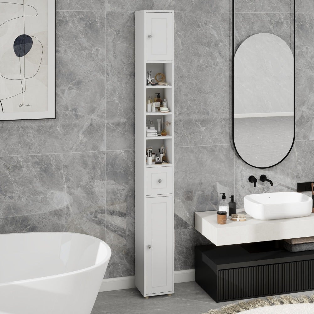 Szafka łazienkowa wysoka biała 180 cm z szufladą, drzwiami, półkami regulowanymi, nowoczesny design, słupek do łazienki