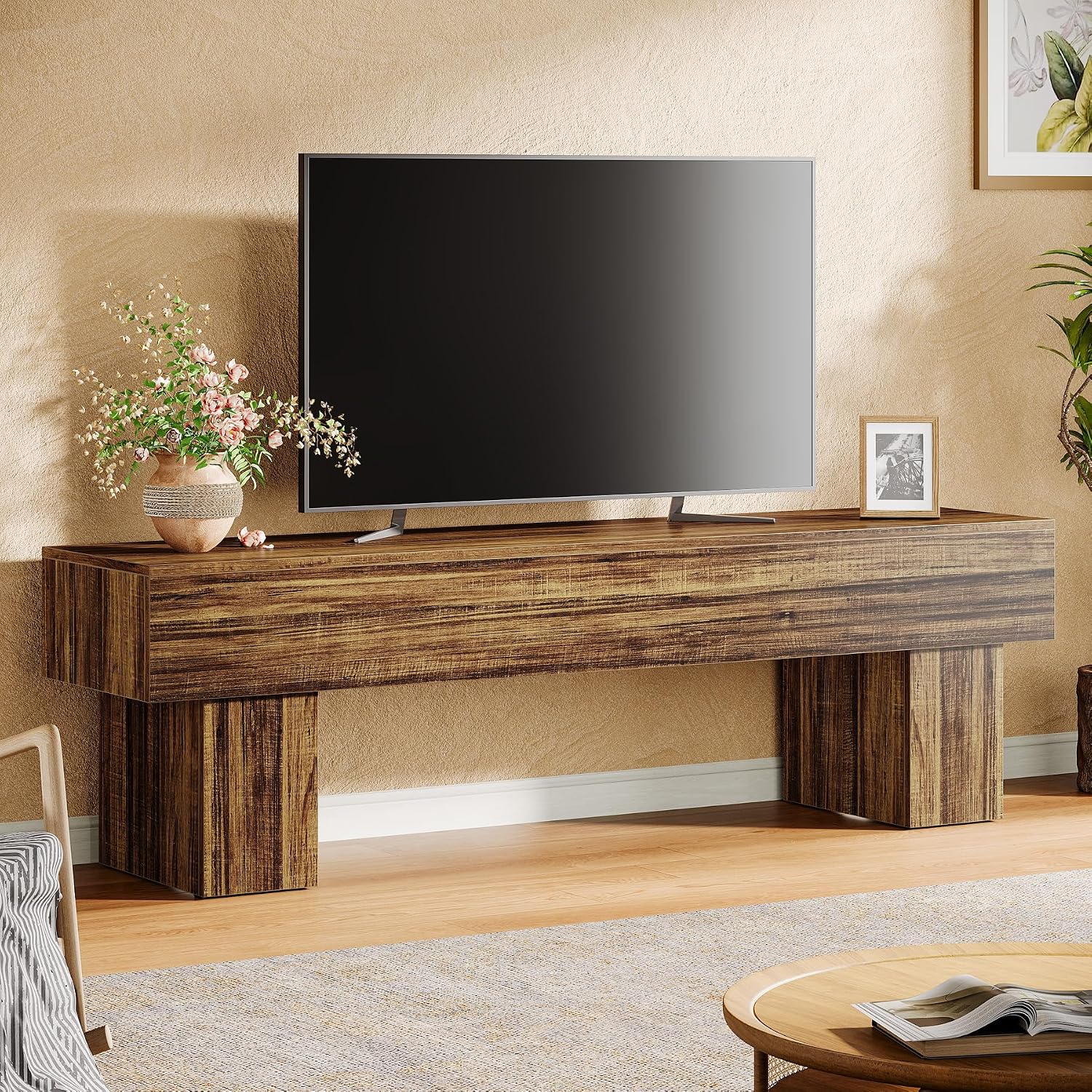 Tribesigns 160cm niska szafka TV 40x160x50cm, do TV 140-165cm, do salonu, brąz rustykalny.