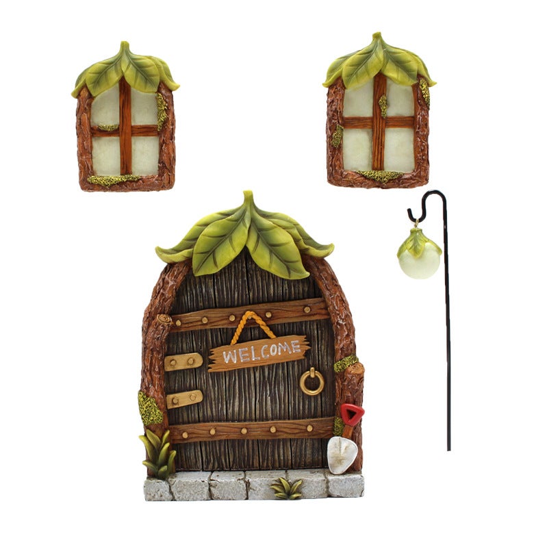 Podświetlane miniaturowe okno i drzwi wróżki, miniaturowe okno i drzwi domku, miniaturowe figurki krasnali wróżek na drzewie, dekoracja ogrodu