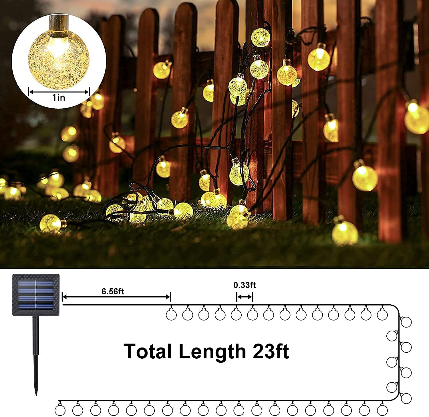 Solarna girlanda ogrodowa 50 LED, zewnętrzna, kula kryształowa, girlanda świetlna, wodoodporne lampki choinkowe 7,3 metra (Ciepła biel)