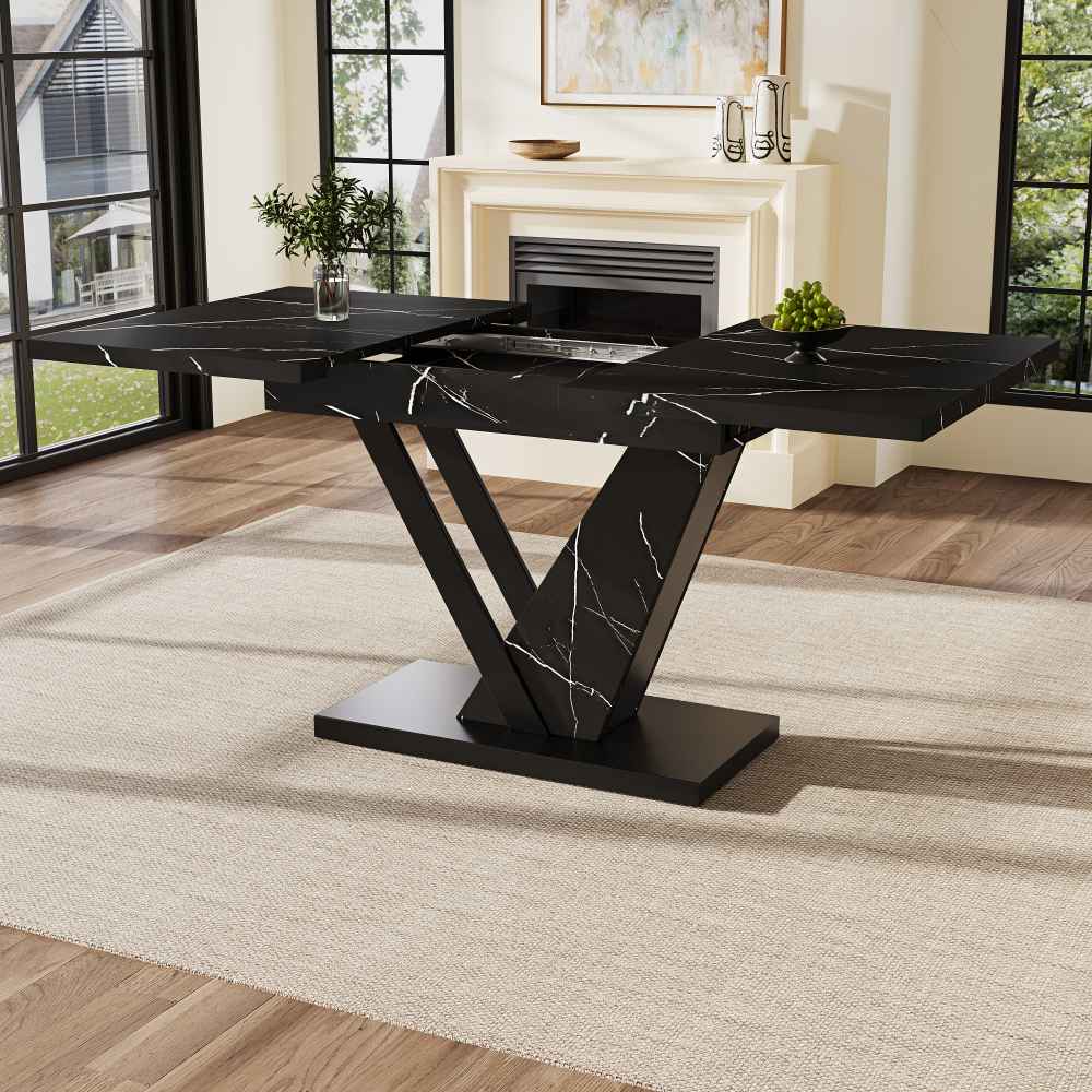 Rozkładany stół z płyty MDF imitującej czarny marmur, o wymiarach 120-160 cm, z solidnymi metalowymi nogami, do kuchni i salonu