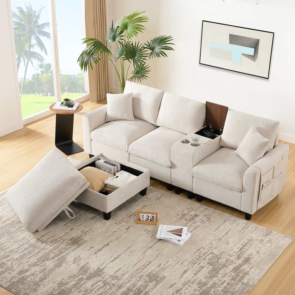 Nowoczesna narożna sofa w kształcie litery L z USB, uchwytami na kubki i schowkiem – komfort i styl w małych przestrzeniach