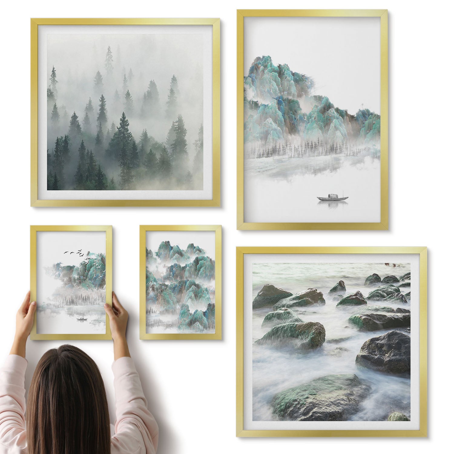 Galeria ścienna 5-częściowy komplet obrazów w złotych ramach - Spokojne pejzaże naturalne z wodą i roślinnością - ArtPrintCave
