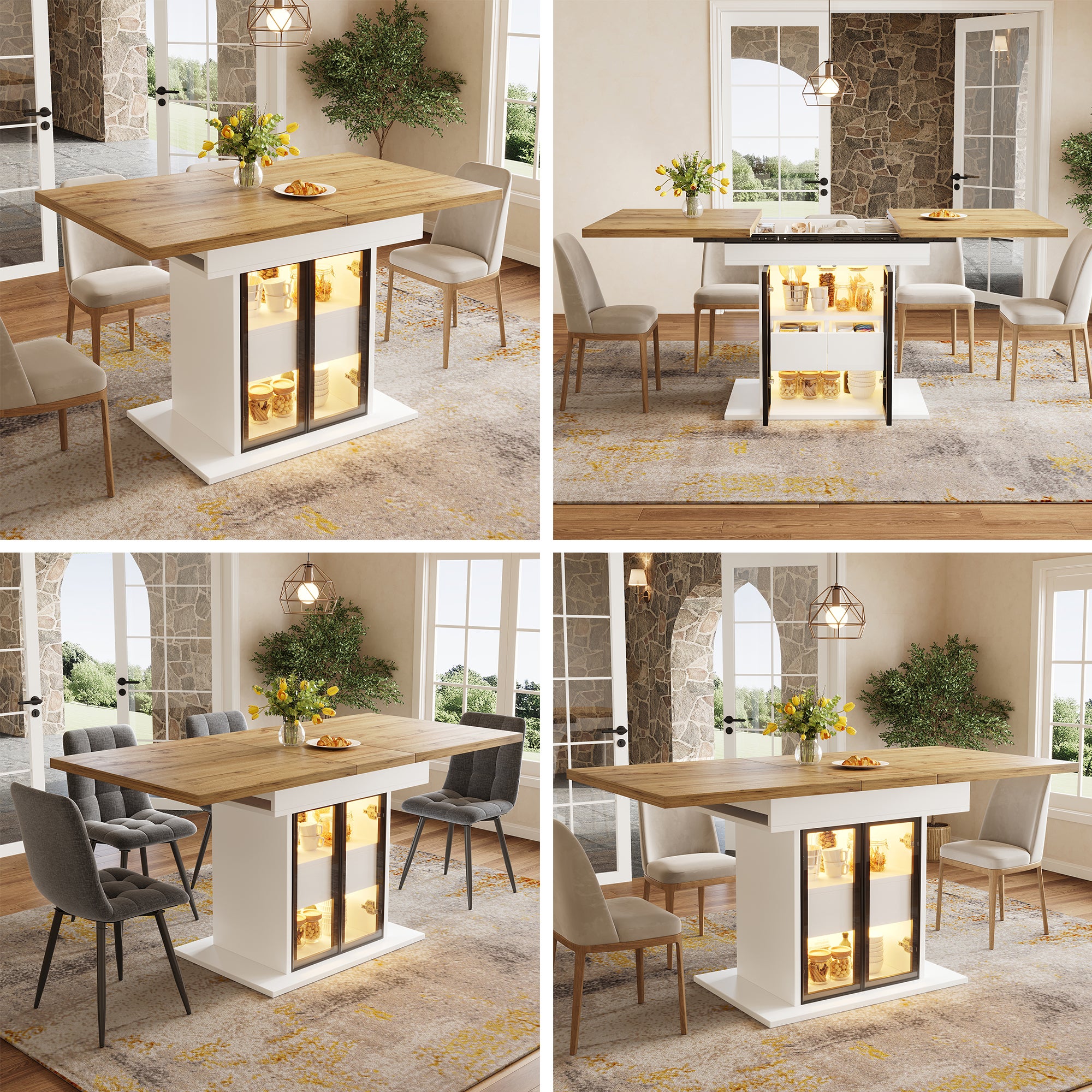 Rozkładany stół jadalny z oświetleniem LED, 2 szklanymi drzwiami i 1 szufladą w środku - MDF - 110/140 x 80 x 77,9 cm - biały