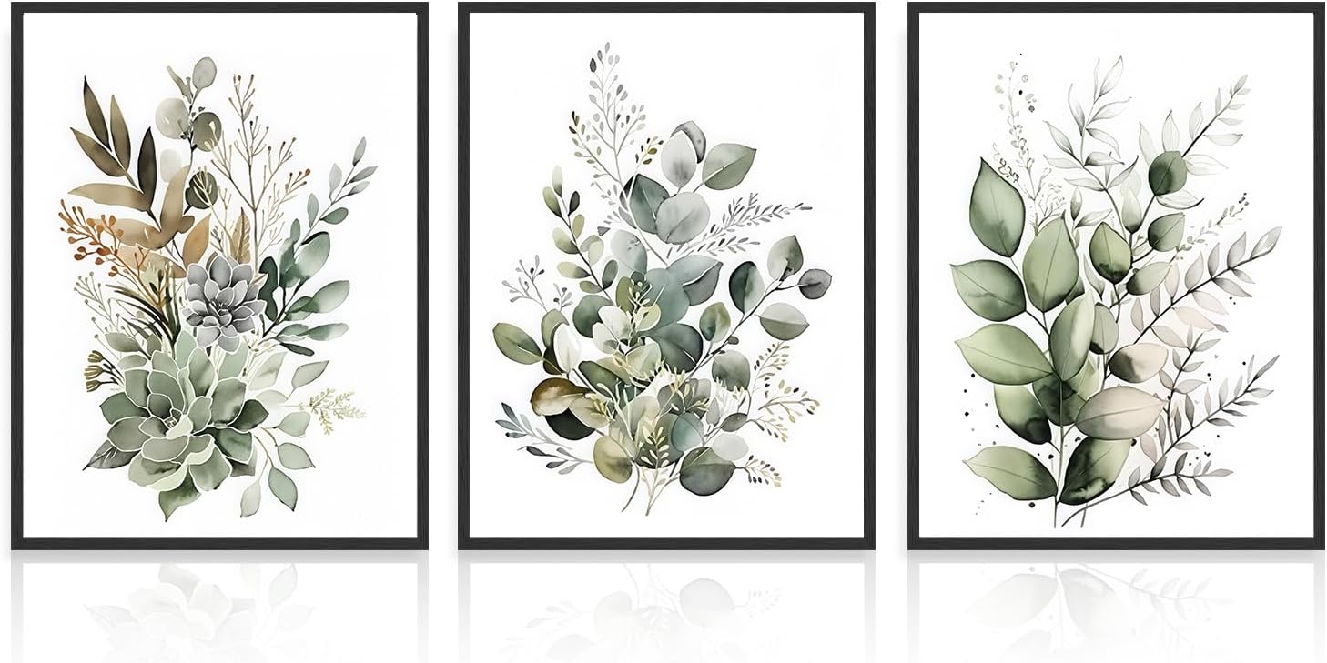 3-częściowy plakat ścienny w stylu boho, zielone liście, botaniczny wydruk do łazienki i salonu, eukaliptus, 12x16 cali, bez ramki