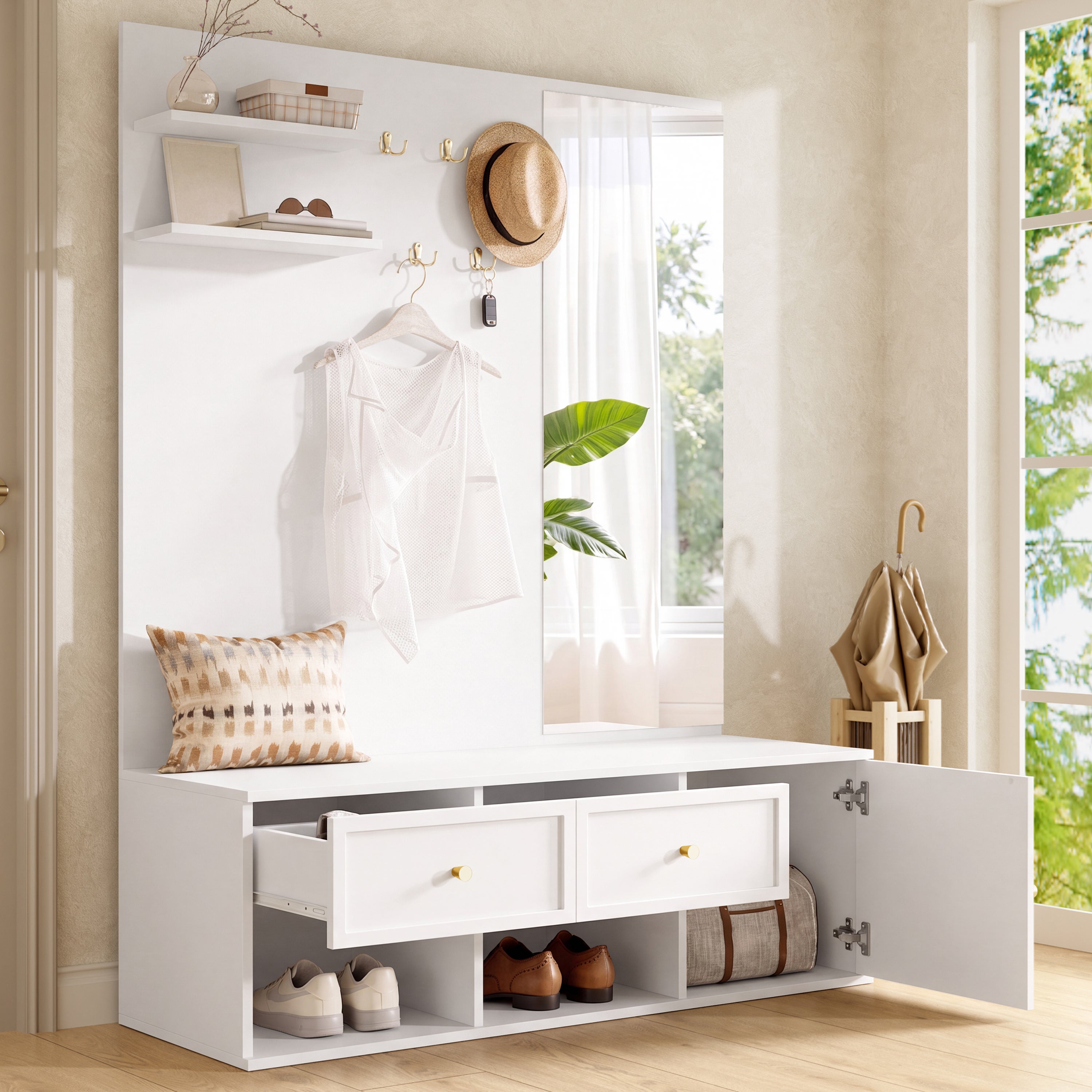 Komplet wiatrołapowy 120x35x159cm - z lustrem i ławką na buty - półka wisząca i 5 haczyków - Biały
