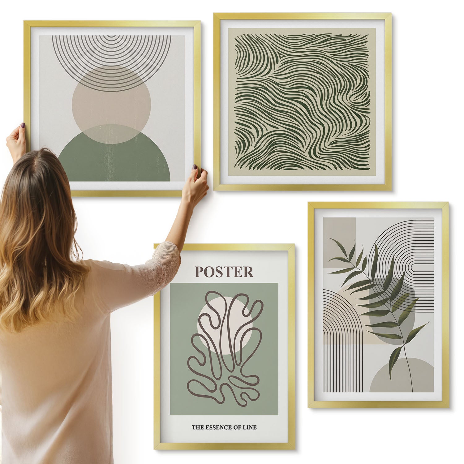 Galeria ścienna 4-częściowy komplet obrazów w złotych ramach - Geometryczne abstrakcje botaniczne wzory poster - ArtPrintCave
