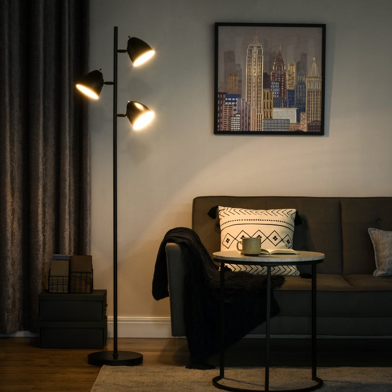 Lampa podłogowa w stylu industrialnym do salonu z 3 regulowanymi stalowymi kloszami, 38 x 28 x 169 cm, czarna