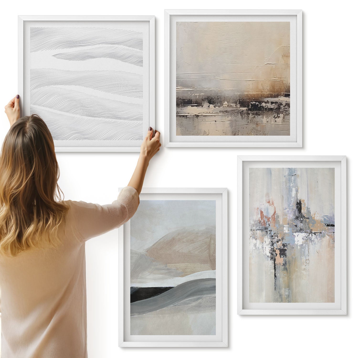 Galeria ścienna 4-częściowy komplet obrazów w białych ramach - Abstrakcyjne wzory w neutralnych odcieniach ziemi - ArtPrintCave