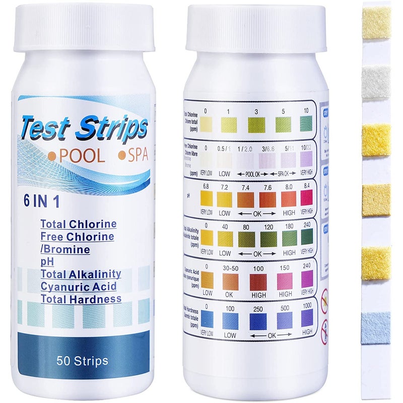 Pasków testowych do basenu i spa 6 w 1, 100 pasków do testowania chloru, bromu, pH, alkaliczności, kwasu cyjanurowego i twardości.