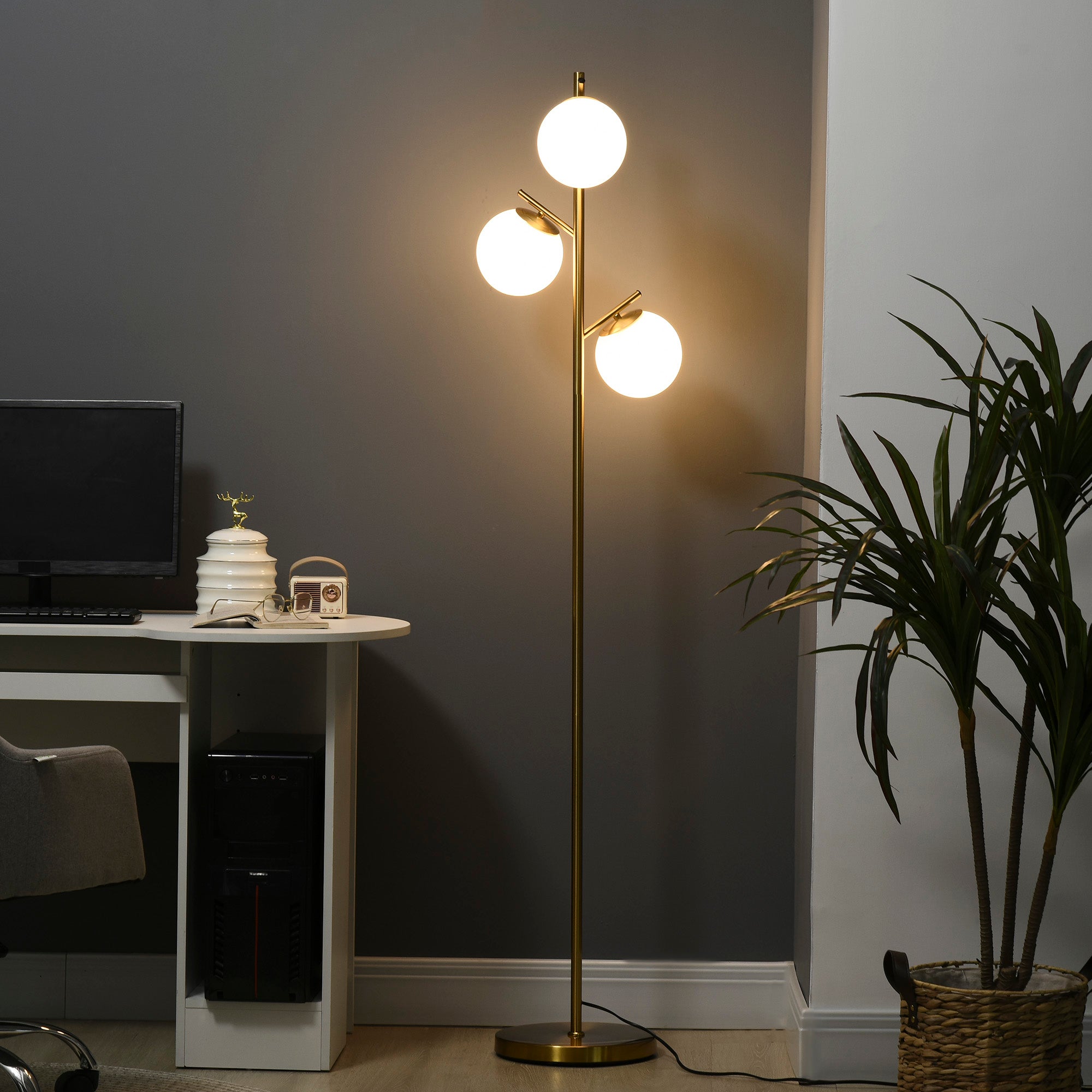 Nowoczesna lampa podłogowa z 3 punktami świetlnymi ze stali i szkła, Ø27x159 cm, kolor złoty