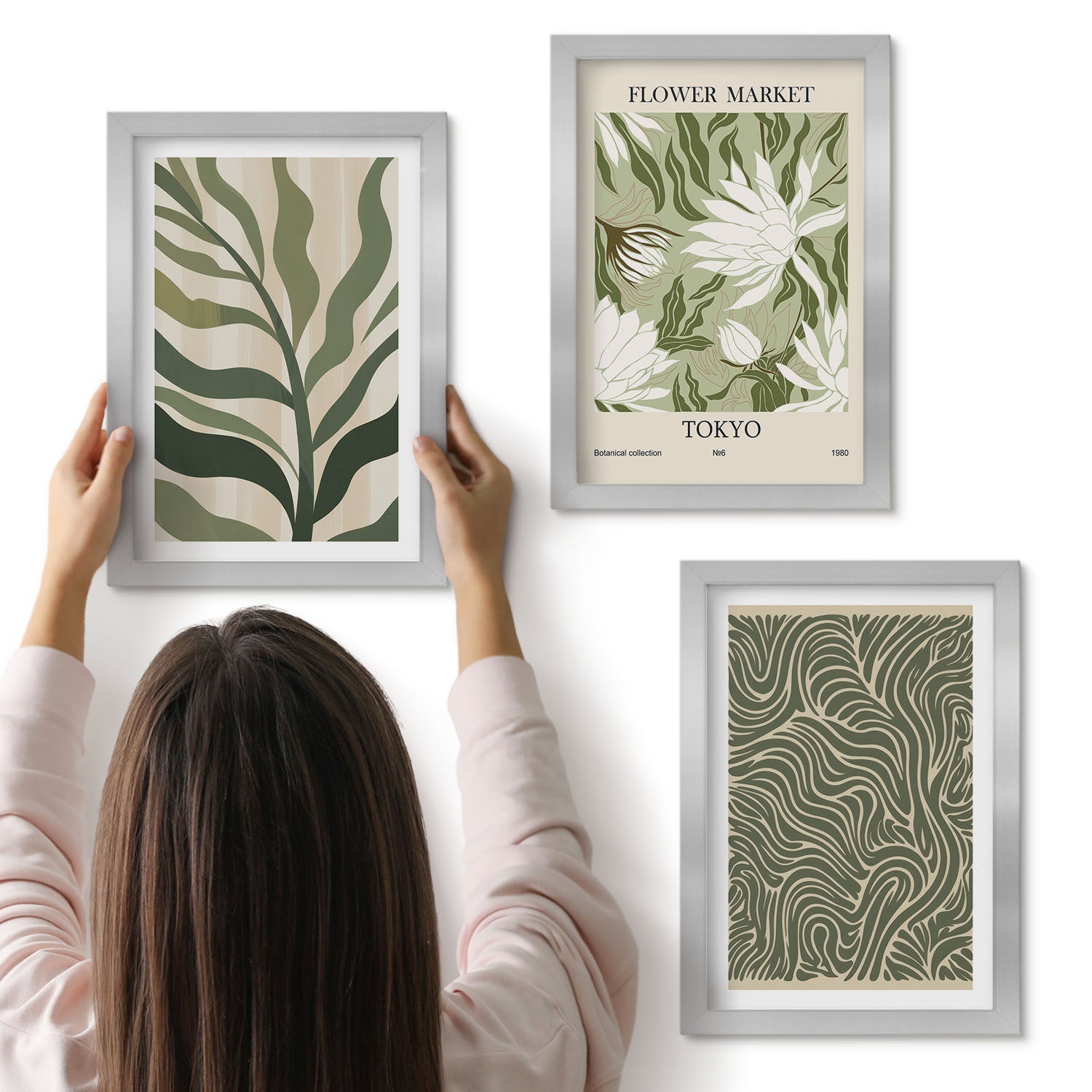 Galeria ścienna 3-częściowy komplet obrazów w srebrnych ramach - Roślinne wzory botaniczne dekoracje styl boho - ArtPrintCave