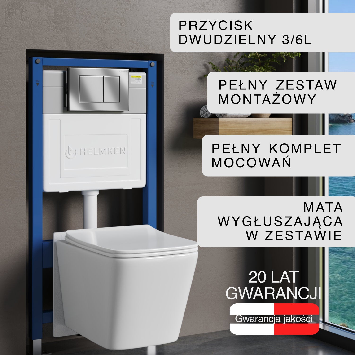 Stelaż podtynkowy WC Helmken 35120001 Zestaw 5w1: Przycisk Chrom (J), Miska bezkołnierzowa Rimless, Deska wolnoopadająca, Mata