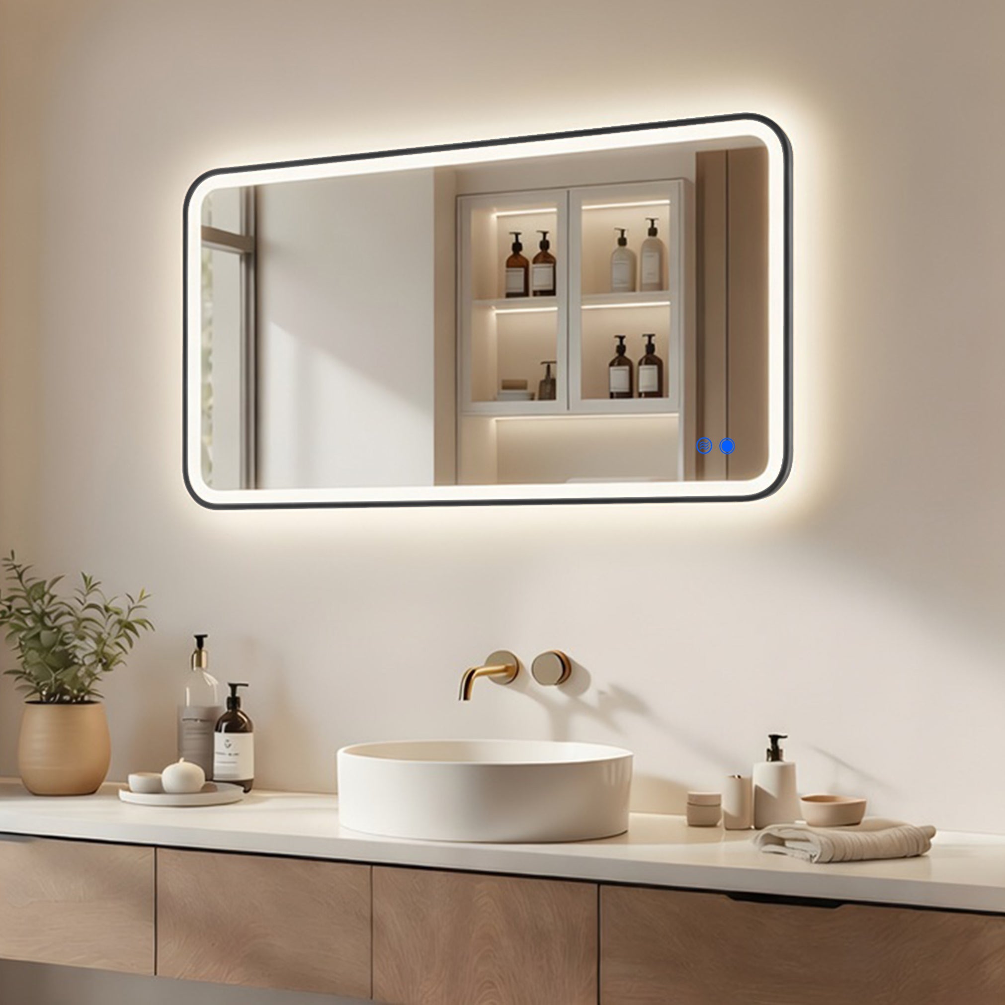 Lustro LED łazienkowe prostokątne arrondi 120x70 cm ARTFORMA – podświetlane, 3 barwy światła, dotykowe, antyzaparowe, rama czarny mat
