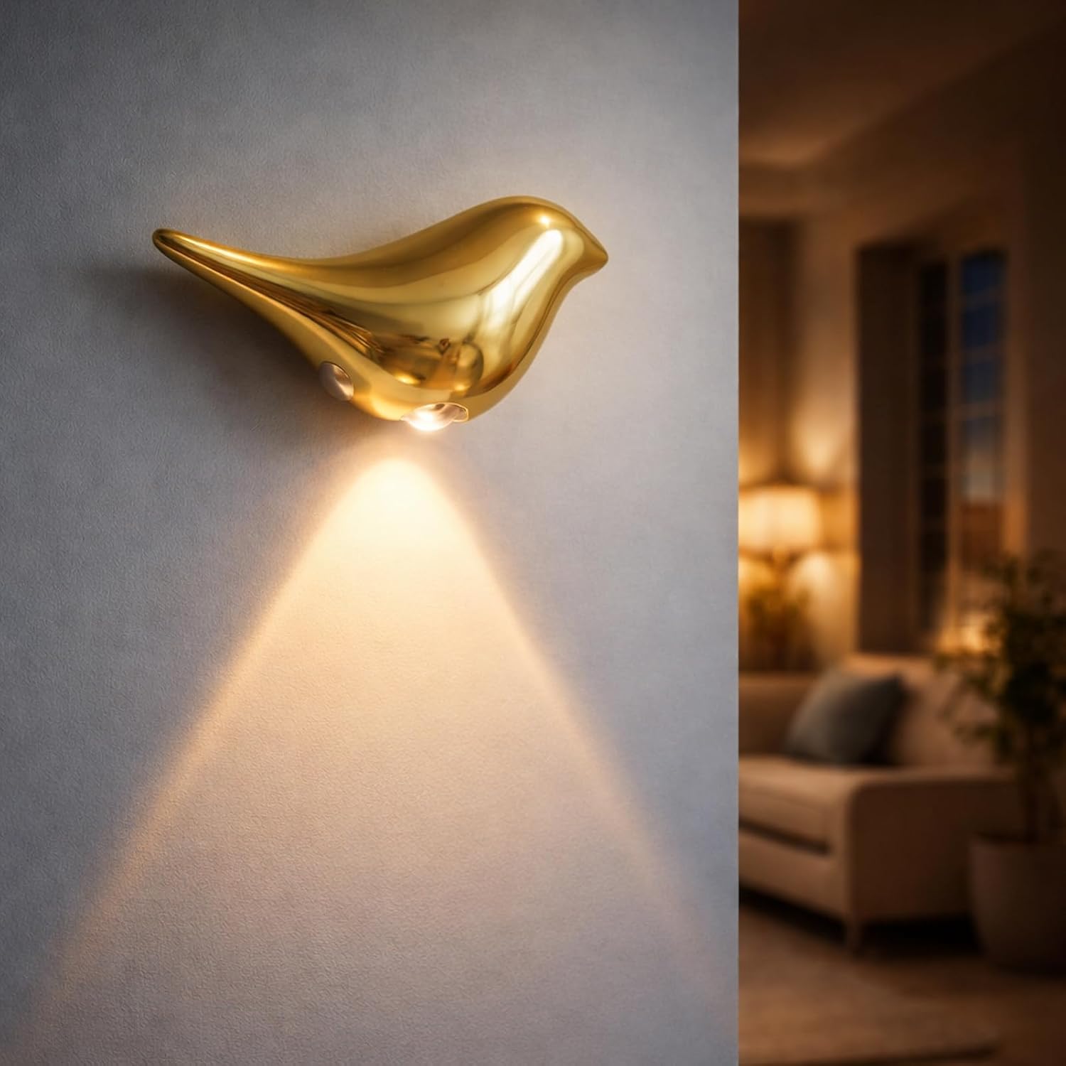Złota lampka nocna do wnętrz z czujnikiem ruchu – magnetyczna lampa ścienna – akumulatorowa lampa LED w kształcie ptaka – oświetlenie bez światła