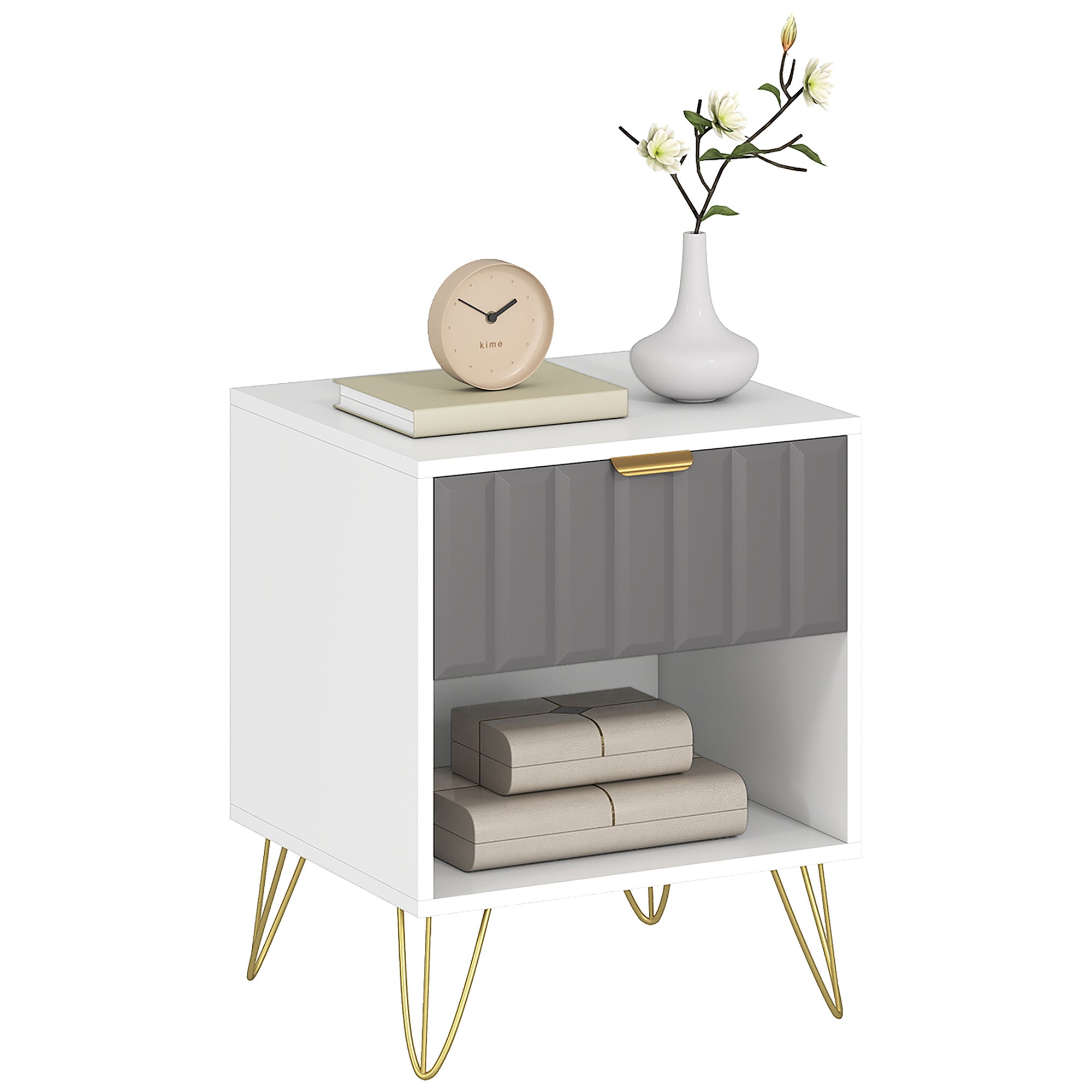 Nightstand, otwarty komora stolik boczny, szuflada i uchwyt, stal nogi, 45 x 40 x 55, biały