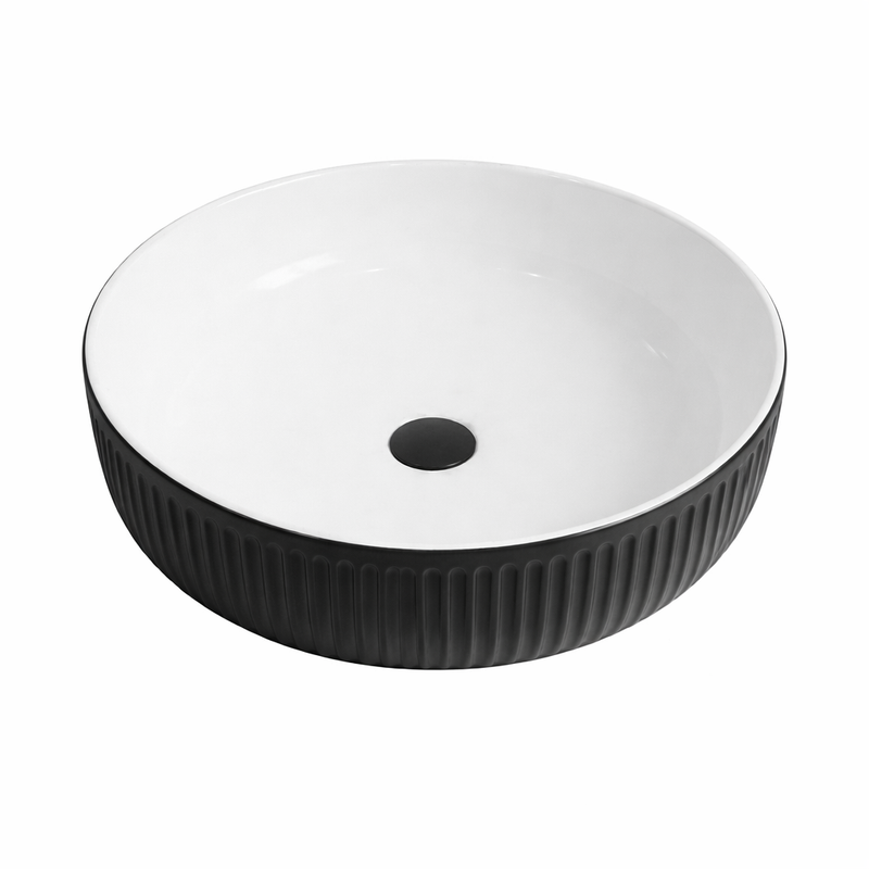 Umywalka nablatowa okrągła – 38 cm – matowa czarna z rowkami – KAVIO