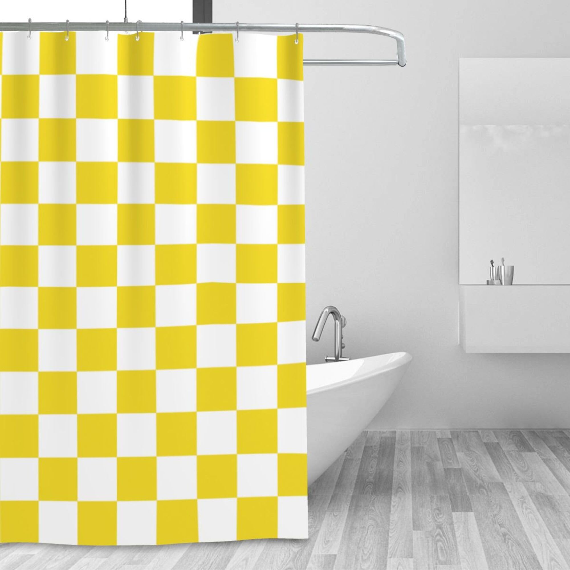 Zasłona prysznicowa w kratkę do łazienki, zasłona prysznicowa w stylu retro, można prać w pralce, 180 x 180 cm, żółta