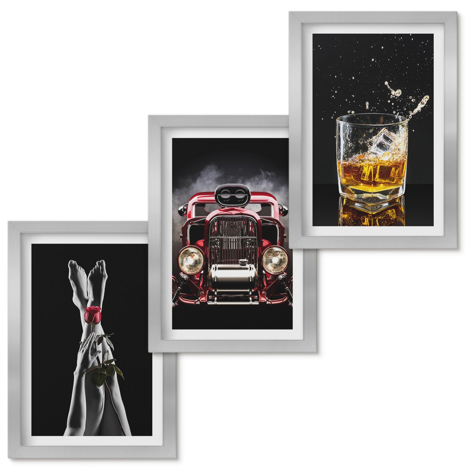 Zestaw obrazów w ramie - 3 części | Kobiece nogi z różą stary samochód szklanka whisky | Srebrna ramka