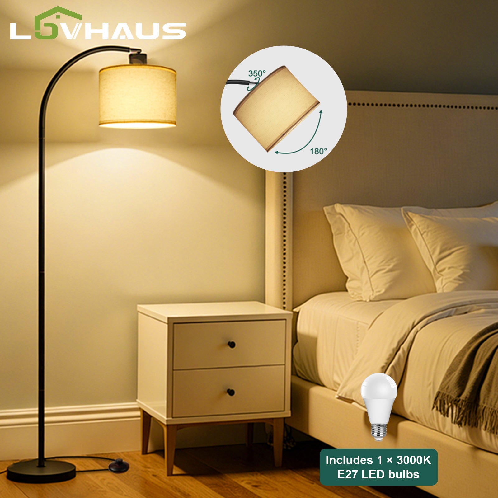 Lampa stojąca łukowa 170 cm, abażur z lnu beżowy regulowany, LED E27 w zestawie, przełącznik nożny, lampa do czytania salon sypialnia, czarna LOVHAUS