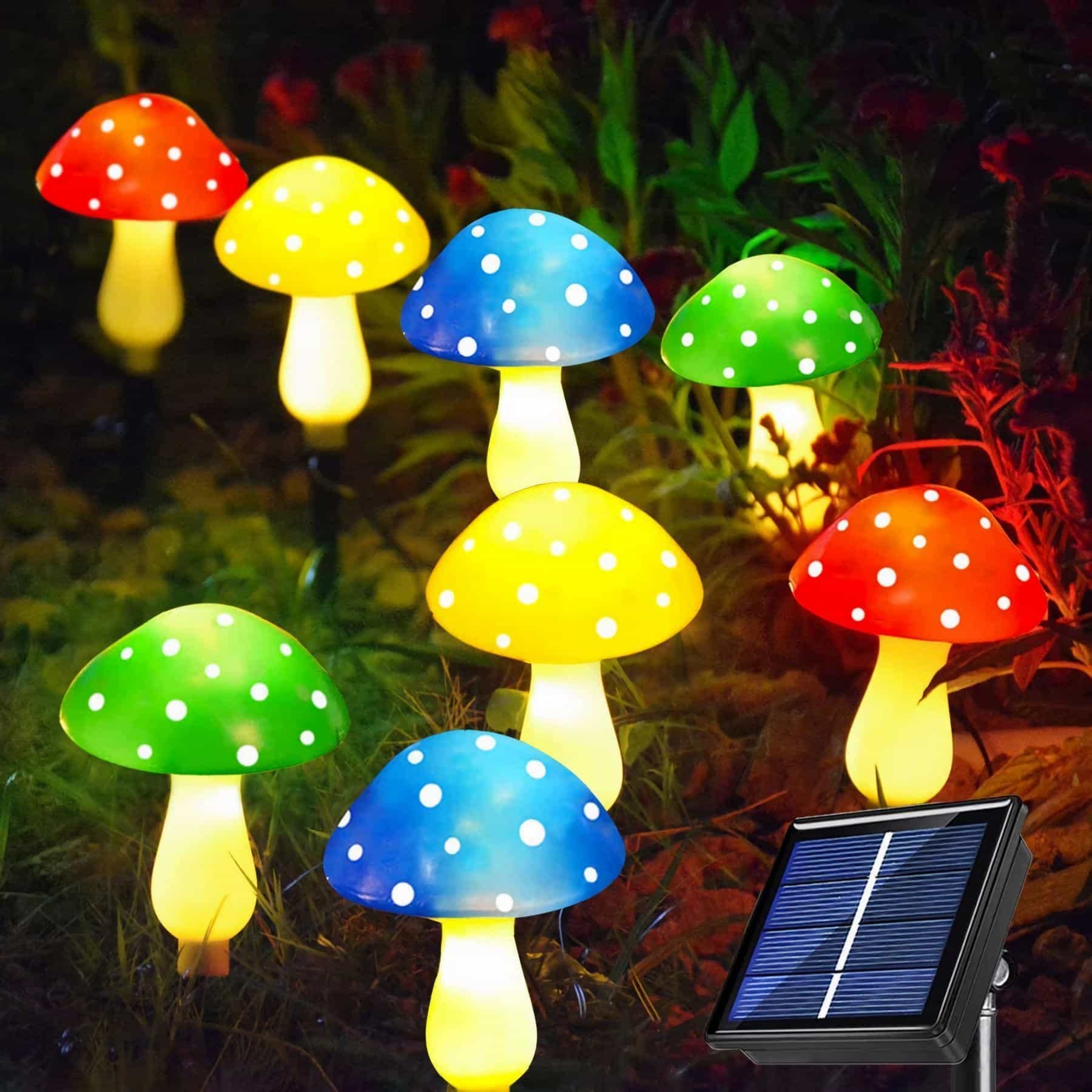 Lampki solarne w kształcie grzybków do dekoracji zewnętrznych, wodoodporne, 8 trybów świecenia (8 grzybków)