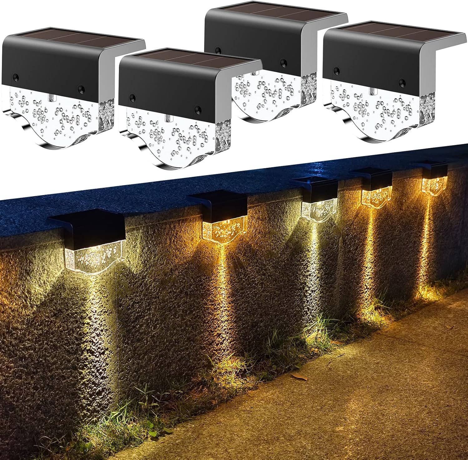 Zestaw 4 lamp solarnych do dekoracji ogrodu, schodów, schodów, 2 tryby, ciepłe białe światło + bursztynowa dioda LED