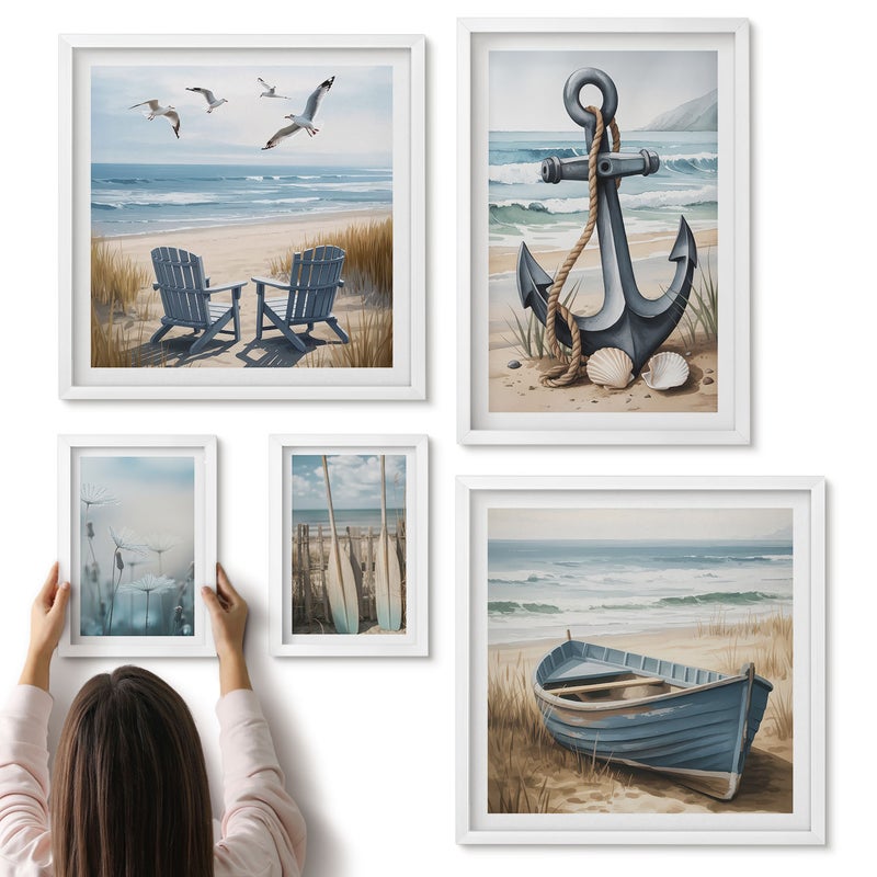 Galeria ścienna 5-częściowy komplet obrazów w białych ramach - Styl nadmorski inspiracje z morzem i plażą - ArtPrintCave