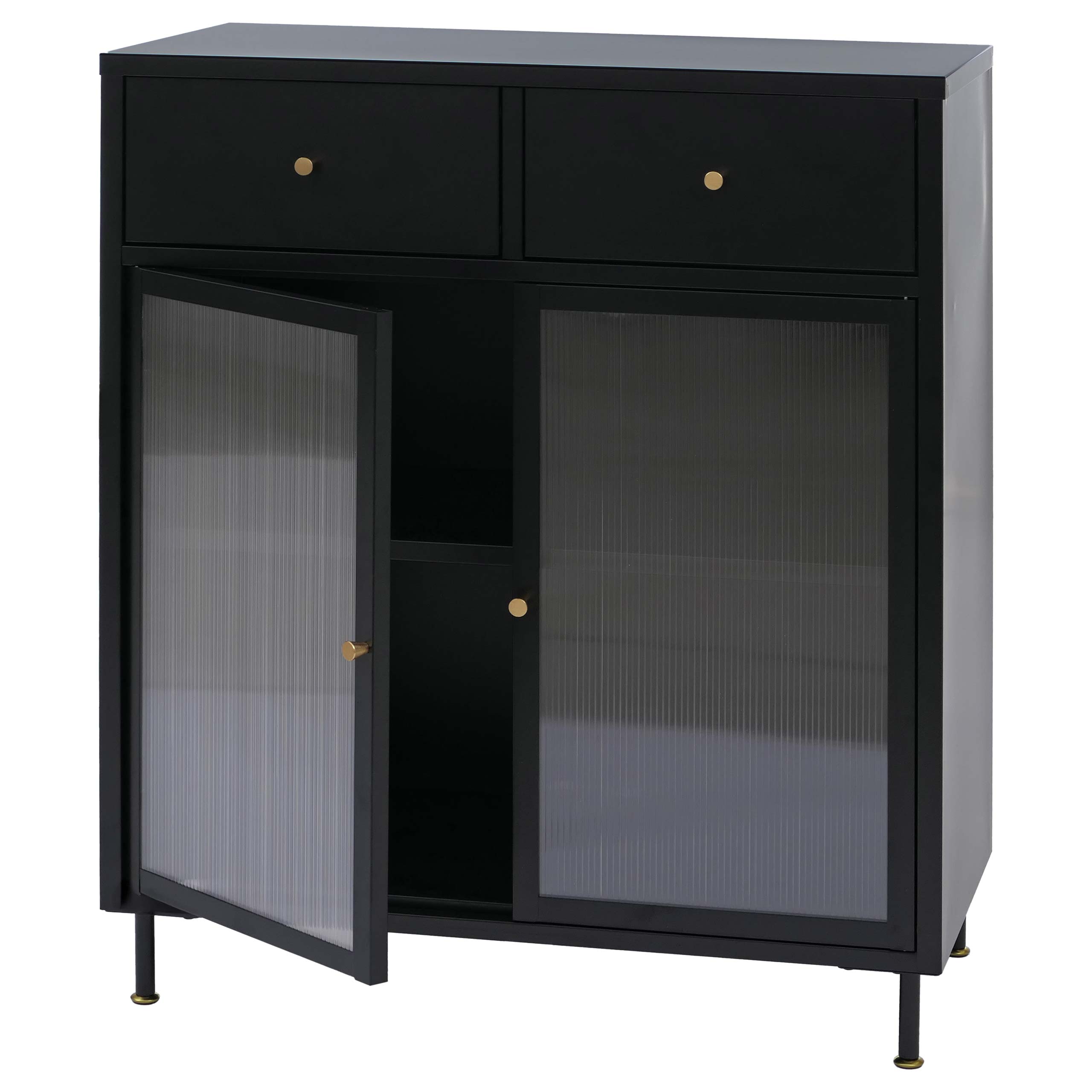 Komoda HWC-O87, szafka kredensowa, wysoka szafka, schowki, szuflady, industrialny metal, szkło trzcinowe, 96 x 80 x 40 cm ~ czarna