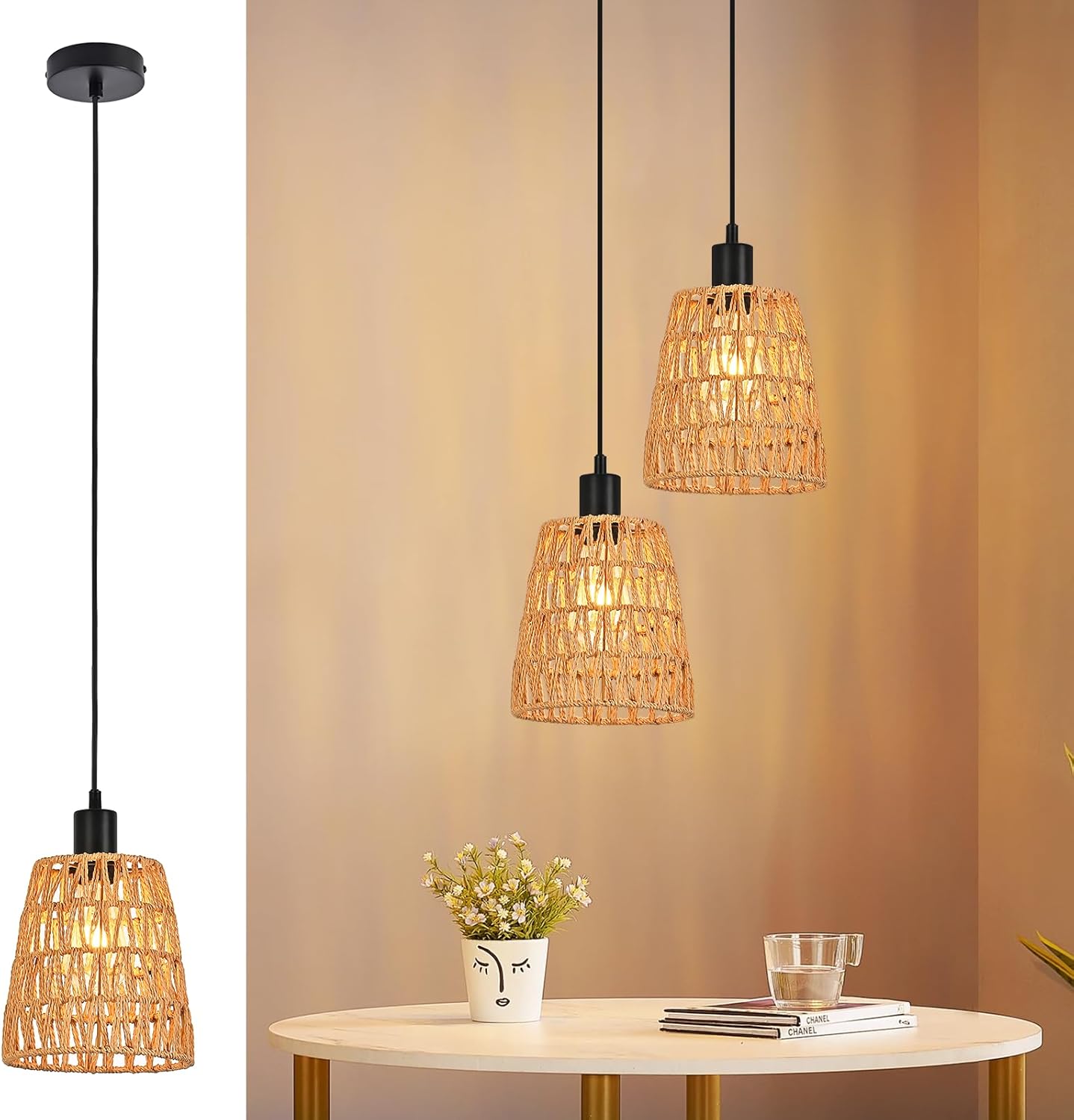 Lampa wisząca Nettlife Boho Rattan 1-punktowa pleciona lampa do jadalni w stylu vintage, lina konopna E27 (żarówka nie jest dołączona)