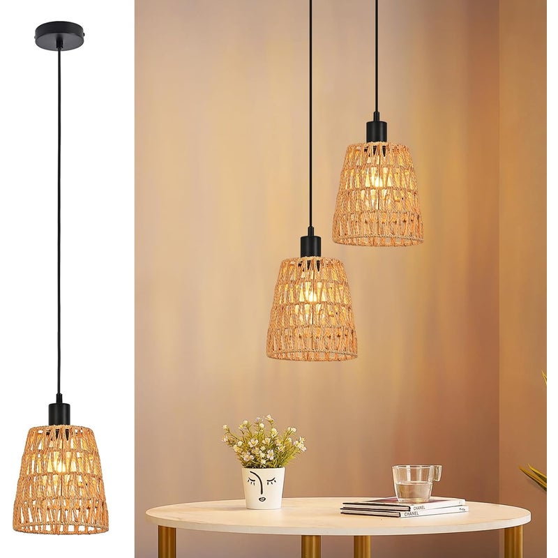 Lampa wisząca Nettlife Boho Rattan 1-punktowa pleciona lampa do jadalni w stylu vintage, lina konopna E27 (żarówka nie jest dołączona)