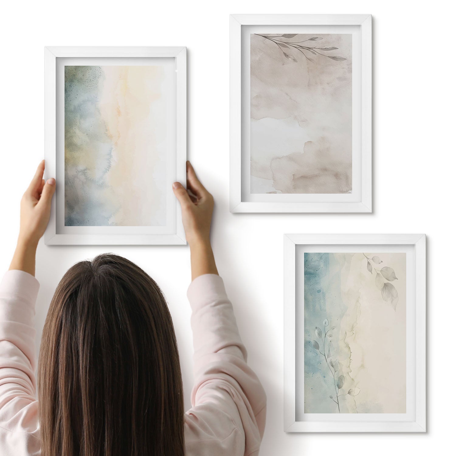Galeria ścienna 3-częściowy komplet obrazów w białych ramach - Delikatne tektury farb akwarelowych - ArtPrintCave
