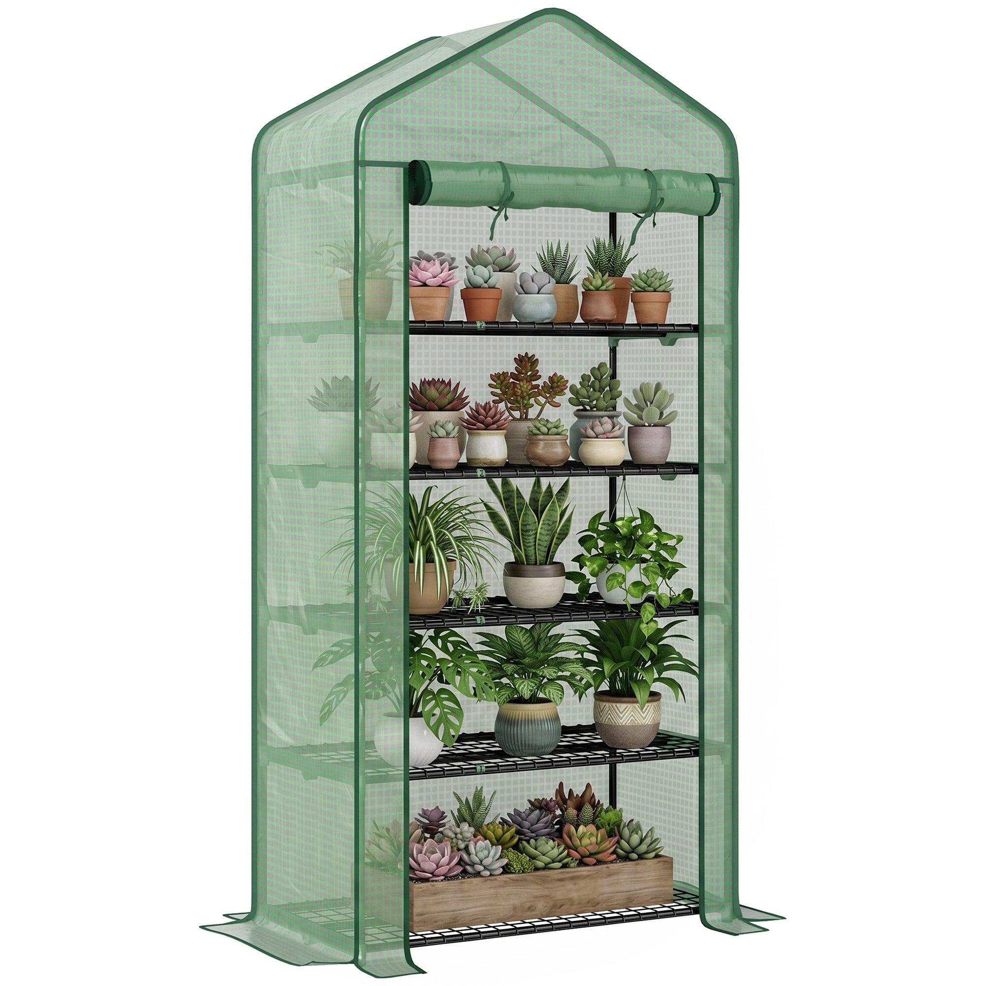 5-piętrowa mini szklarnia 193x90x49 cm, zielona, wzmocniona osłona PE, drzwi zwijane, półki druciane – na zewnątrz i do wewnątrz.
