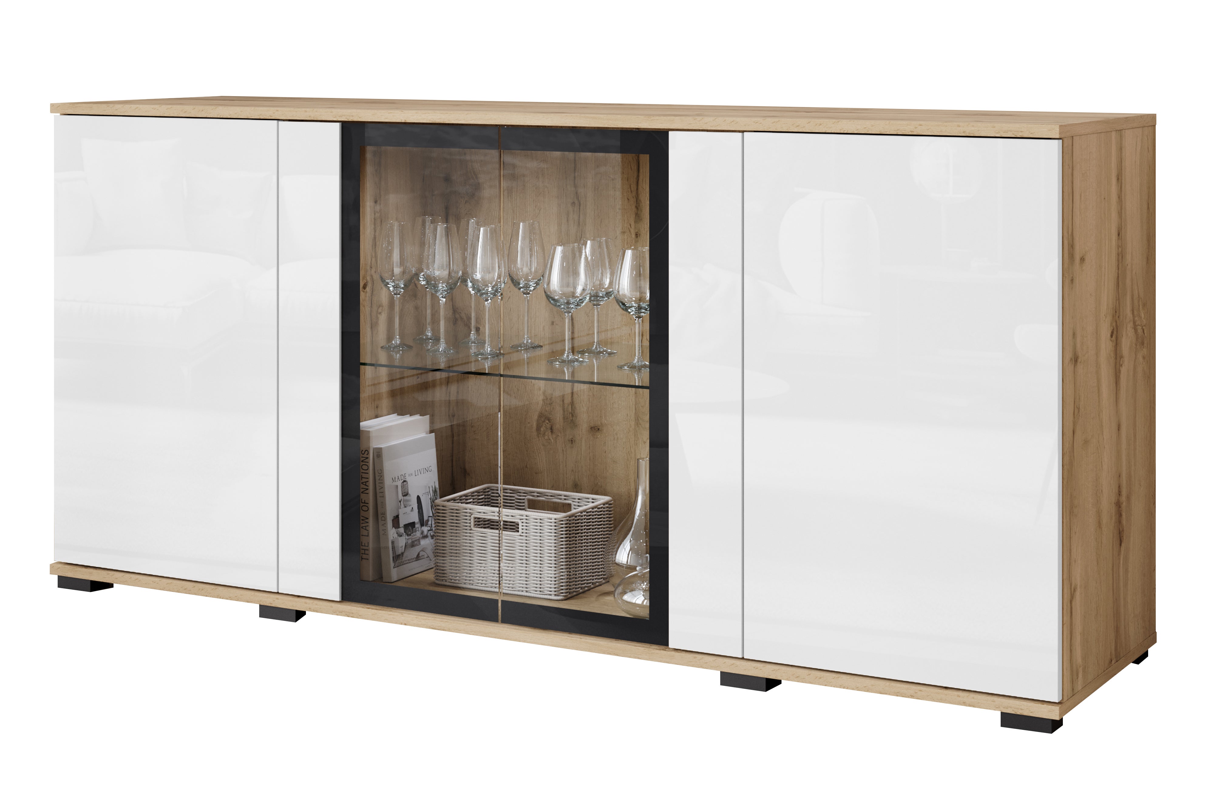 Witryna FARO 150 cm dąb wotan/biały połysk