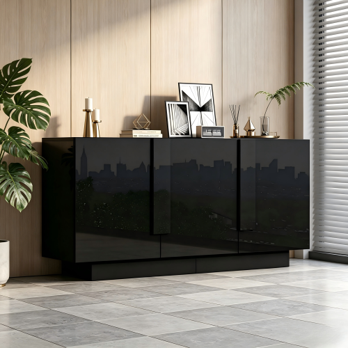 Komoda do salonu 160x35x60 cm - 3 drzwi i 6 półek - Wykończenie błyszczące - Płyta wiórowa - Kolor czarny