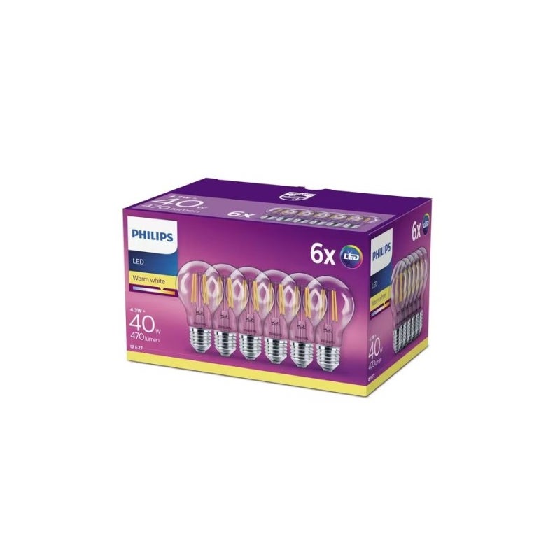 Żarówka LED E27 A60 4.3 W = 40 W 470 lm 2700K Ciepła biel FILAMENT Classic Philips 6 szt.